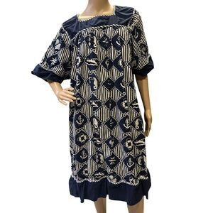 Vtg Go Softly nautical patio muumuu dress navy and white striped anchor print L